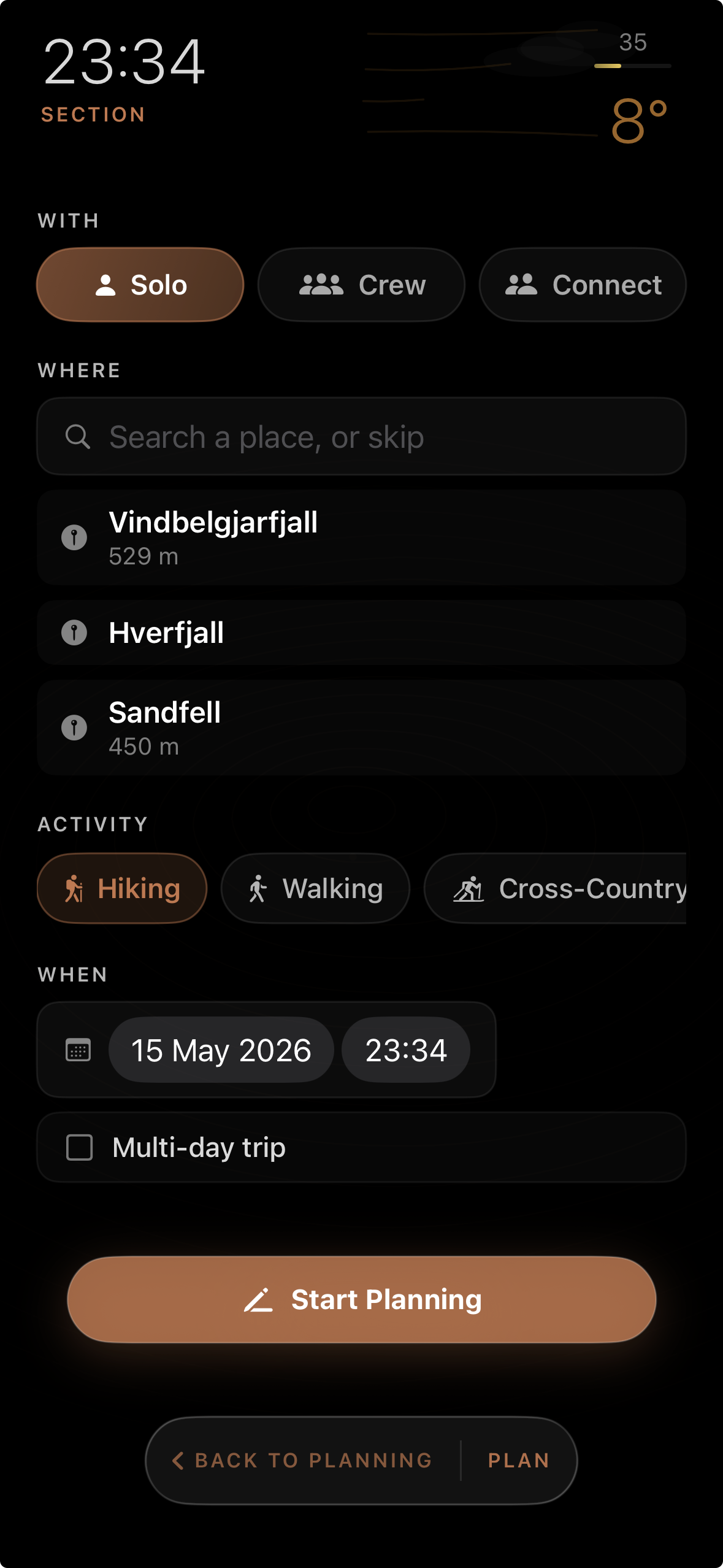 A new plan: Solo, Crew, or Connect — with route, activity, date, and multi-day option