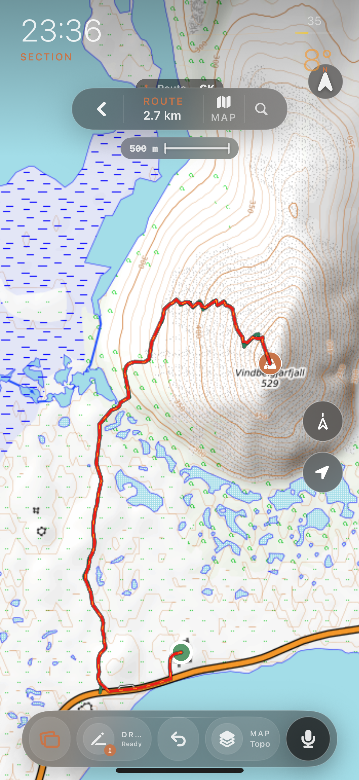 A drawn route on a topographic map showing a 2.7 km hike on Vindbelgjarfjall